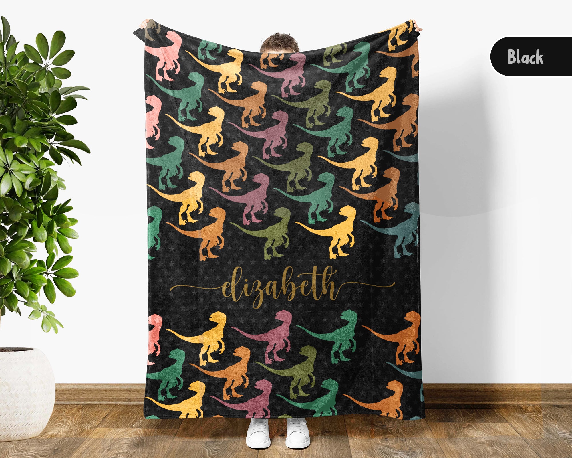 Personalized Velociraptor Dinosaur Blanket Custom Name Retro Dino Throw Cozy Jurassic Gift Paleontology Decor Blanket for Kids and Adults