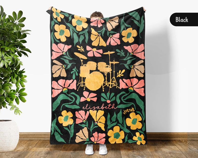 Floral Drummer Blanket with Custom Name, Cozy Wildflower Drum Kit Throw for Kids Teens Adults, Music Lover Gift