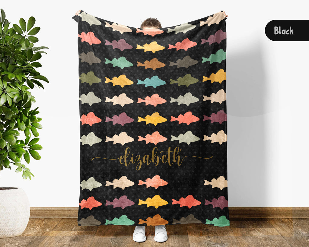 Custom Retro Fishing Blanket, Personalized Fish Lover Throw for Angler Dad Lake Cabin Outdoor Decor and Gifts