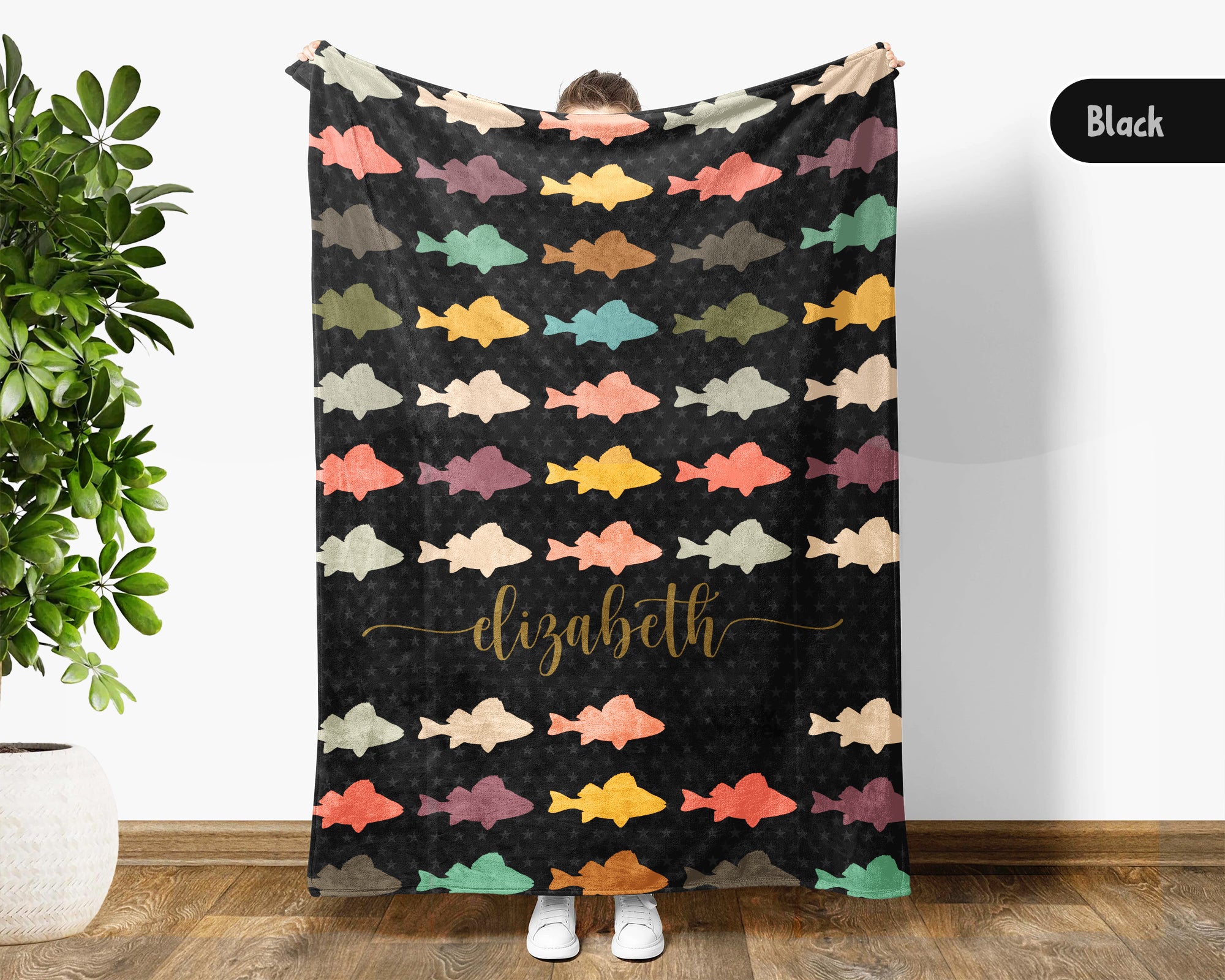 Custom Retro Fishing Blanket, Personalized Fish Lover Throw for Angler Dad Lake Cabin Outdoor Decor and Gifts