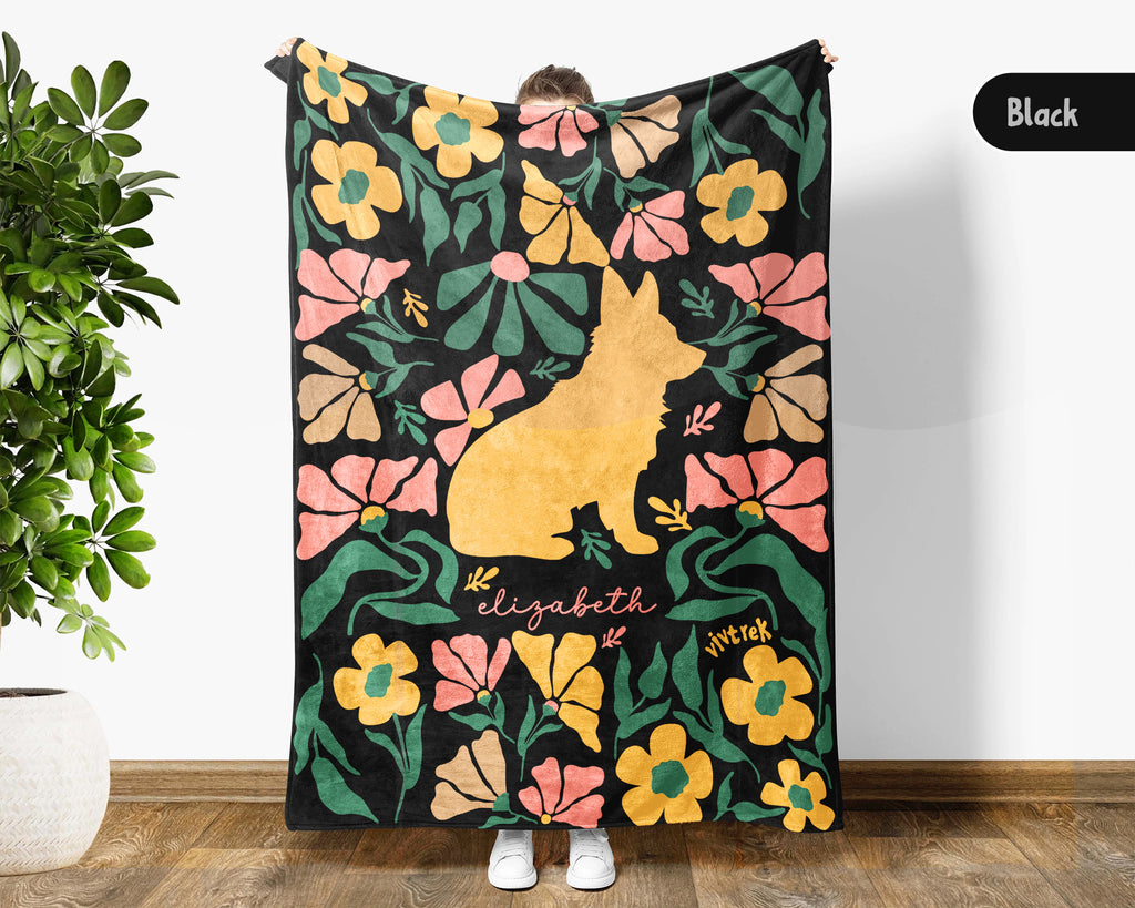Personalized Name Floral Corgi Blanket, Cozy Dog Lover Throw for Home