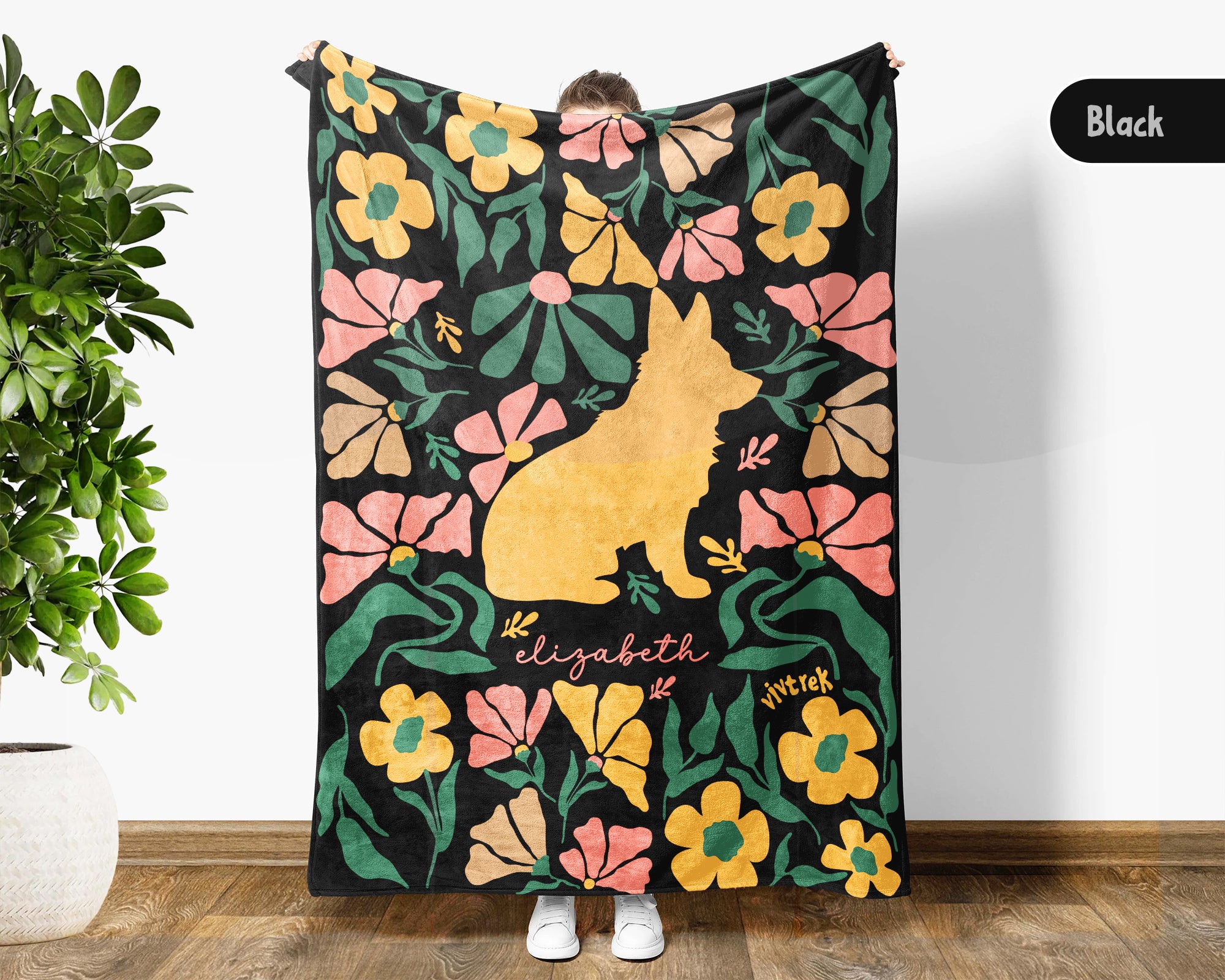 Personalized Name Floral Corgi Blanket, Cozy Dog Lover Throw for Home