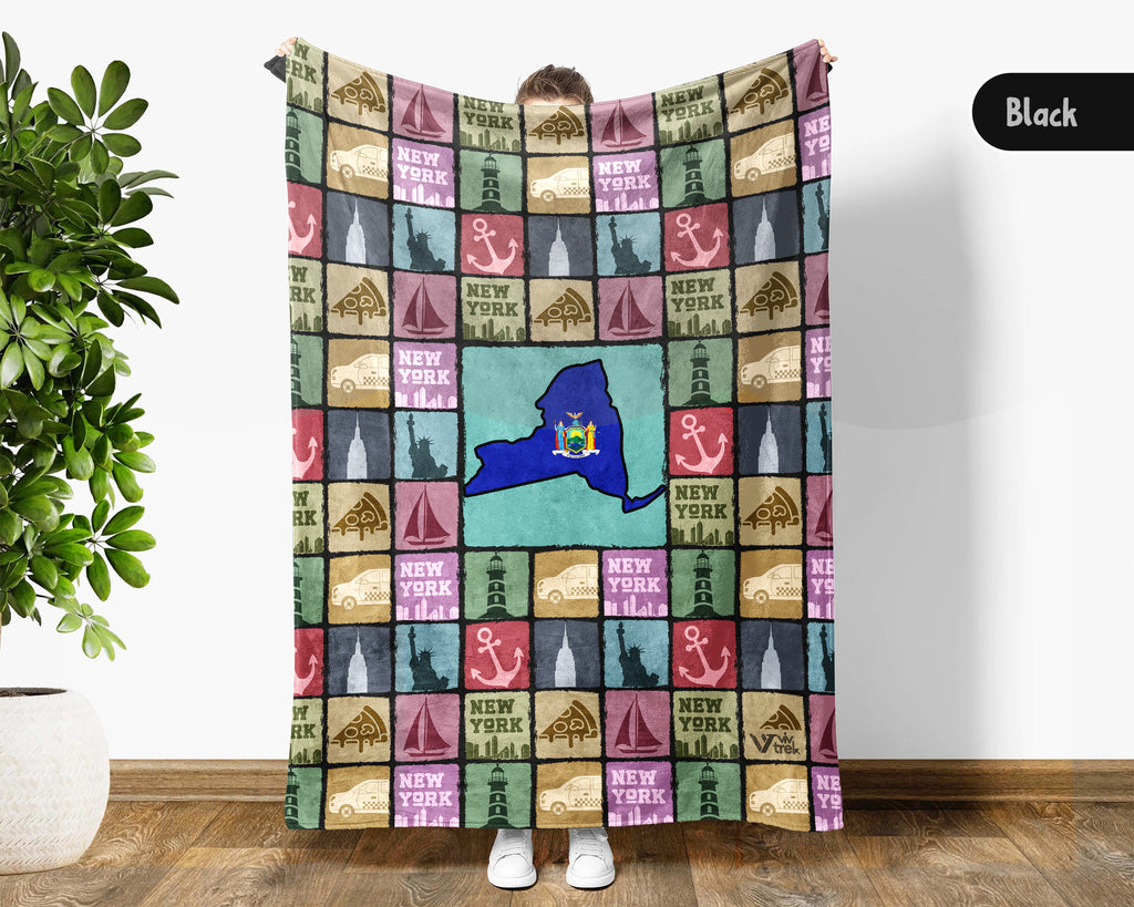 Retro New York Blanket, 4th of July Cozy Patriotic Throw, Vintage NY Lover Fleece, Empire State Inspired American Home Gift