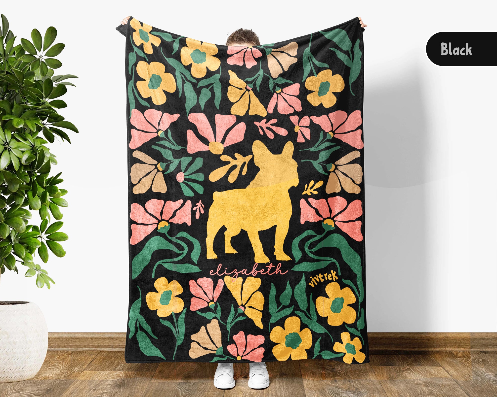 Personalized Floral French Bulldog Blanket, Custom Name Frenchie Dog Throw, Cozy Vintage Puppy Gift for Pet Lovers