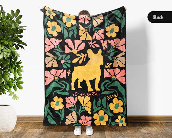Personalized Floral French Bulldog Blanket, Custom Name Frenchie Dog Throw, Cozy Vintage Puppy Gift for Pet Lovers