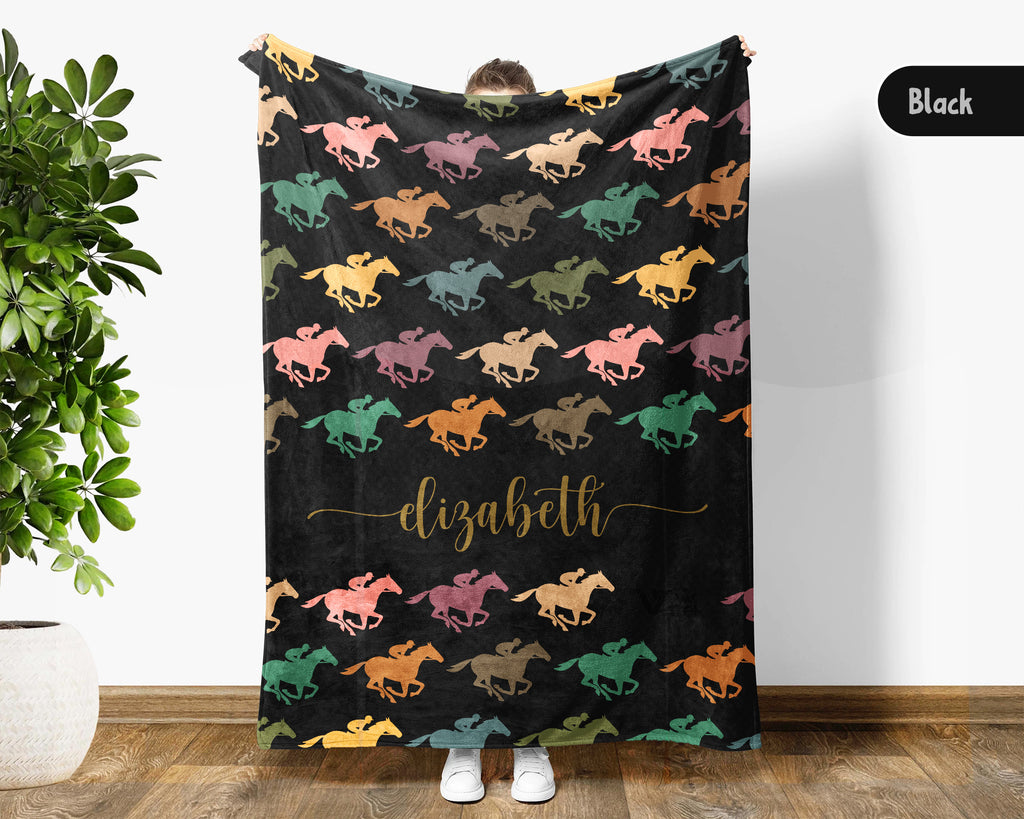 Custom Name Horse Racing Blanket Sporty Throw Cozy Personalized Gift Soft Equestrian Decor for Racing Fans Home