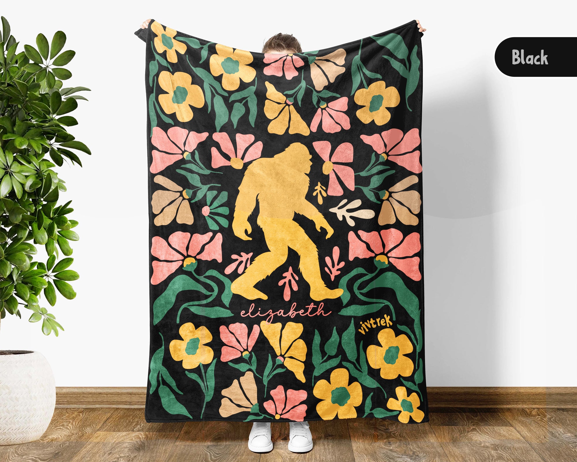 Custom Name Floral Bigfoot Blanket, Cozy Sasquatch Throw Gift for Fans