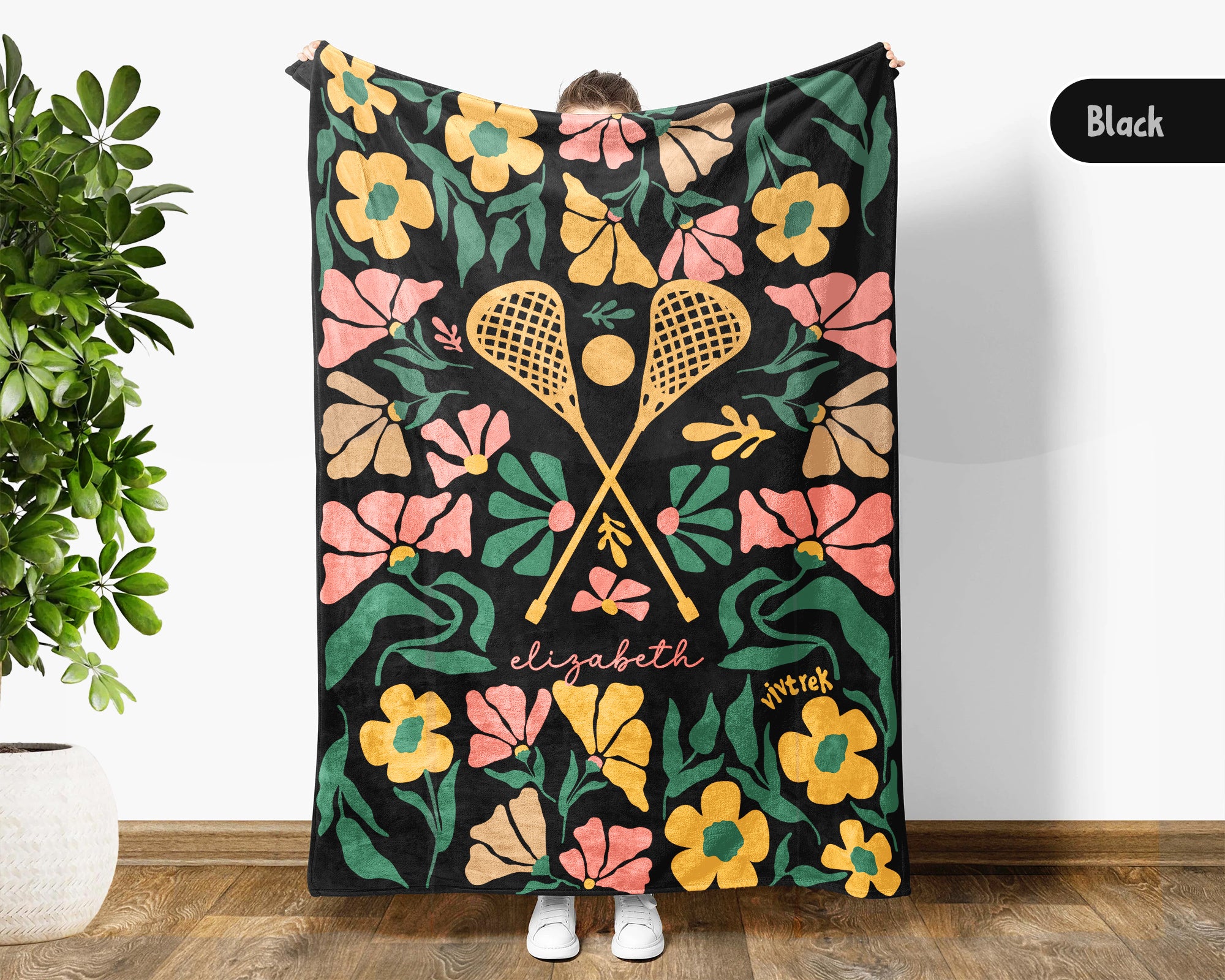 Custom Name Floral Lacrosse Blanket, Personalized Cozy Retro Lacrosse Throw for Teens Adults, Vintage Sports Gift for Athletes