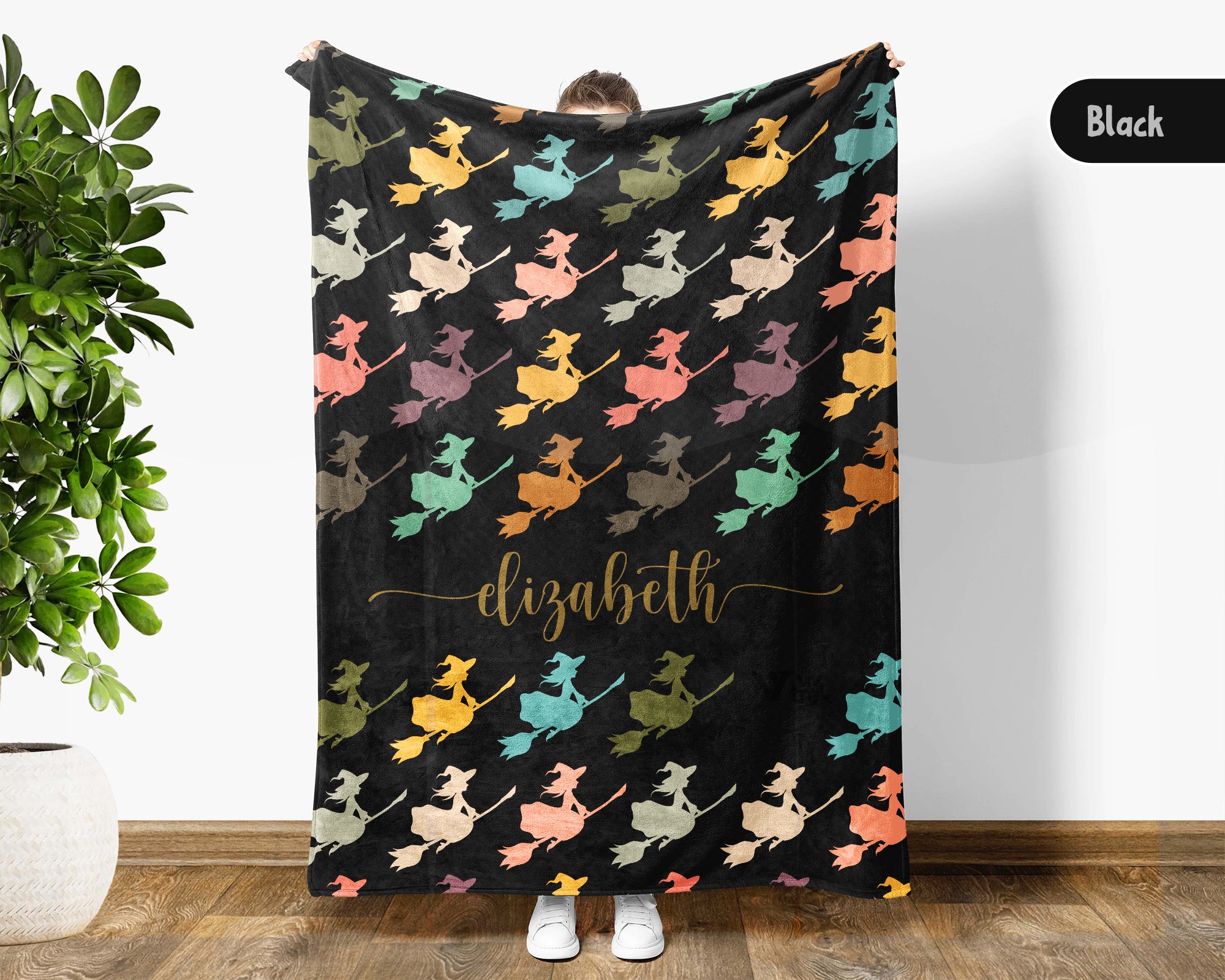 Custom Name Retro Witch Blanket, Personalized Halloween Throw for Cozy Gothic Decor and Magical Autumn Home Spaces