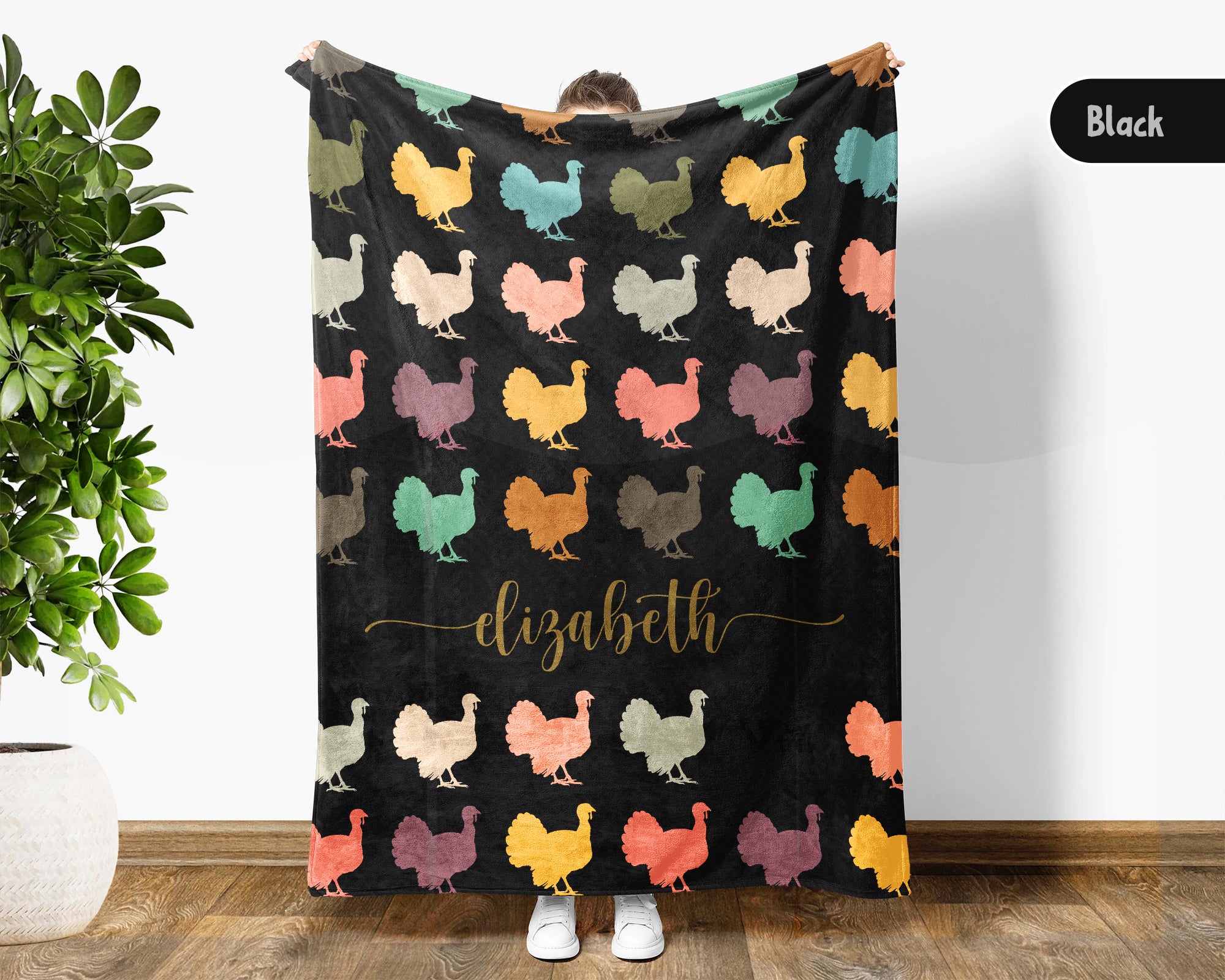 Custom Name Retro Turkey Blanket, Personalized Thanksgiving Throw for Cozy Fall Decor and Seasonal Holiday Gifts