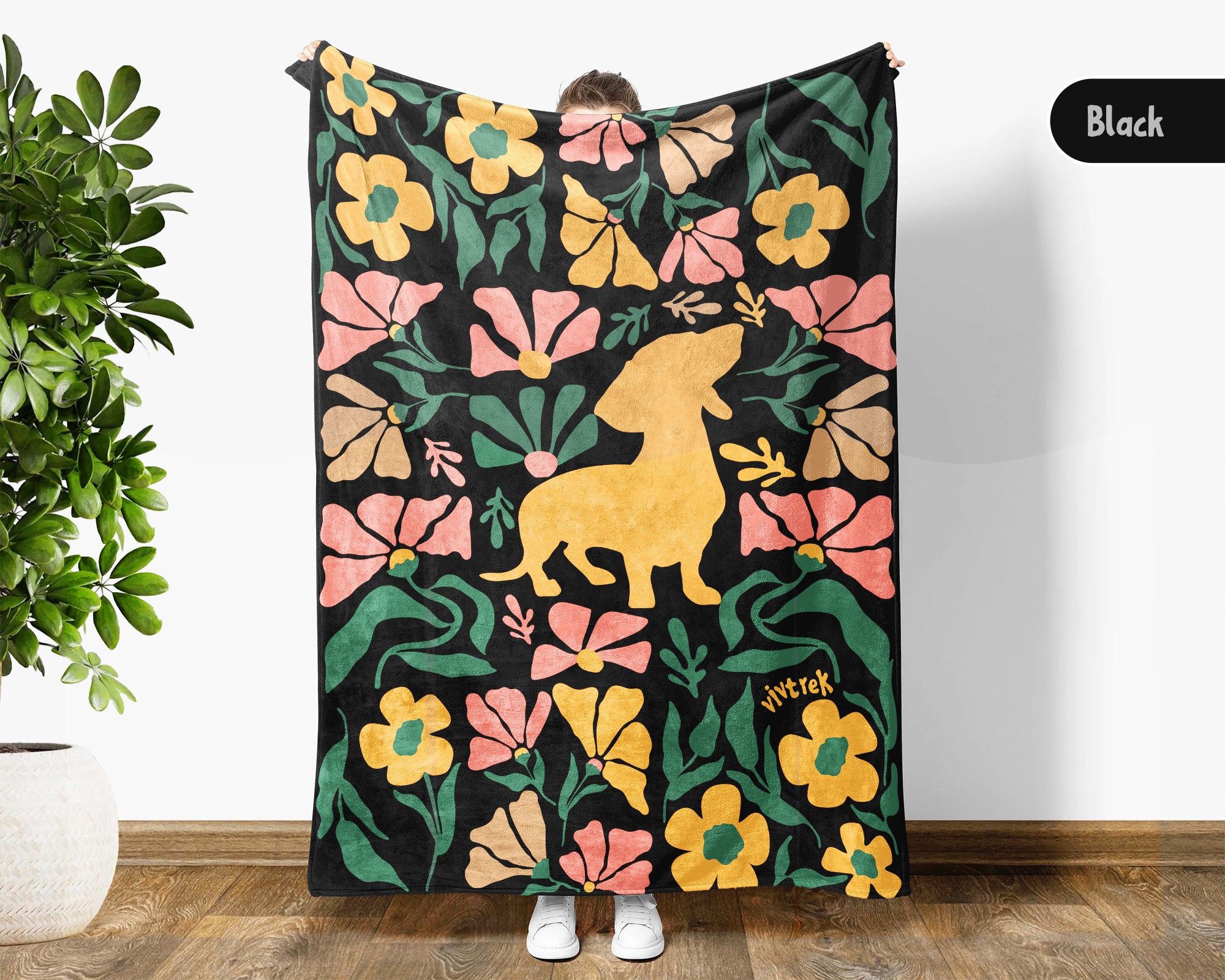 Floral Dachshund Blanket – Cozy Vintage Dog Lover Throw