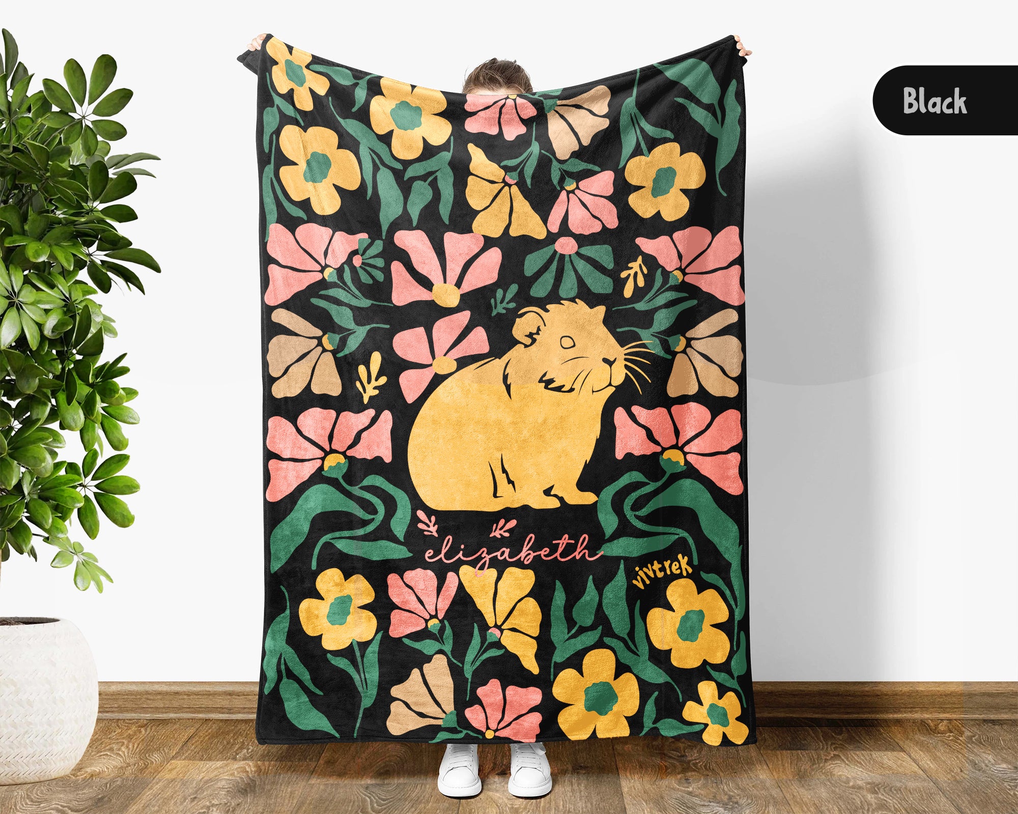 Floral Custom Name Guinea Pig Blanket, Floral Pet Lover Throw, Cozy Wildflower Blanket for Kids Teens Adults Gift