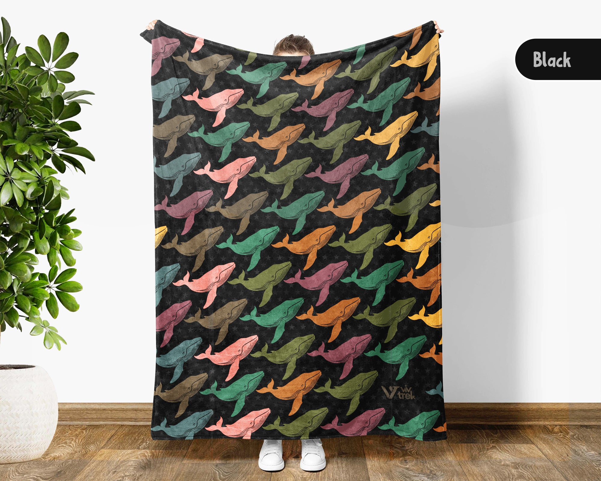 Retro Whale Blanket Coastal Ocean Throw Vintage Marine Life Decor Cozy Sea Animal Gift Nautical Graphic Unique Home Accent