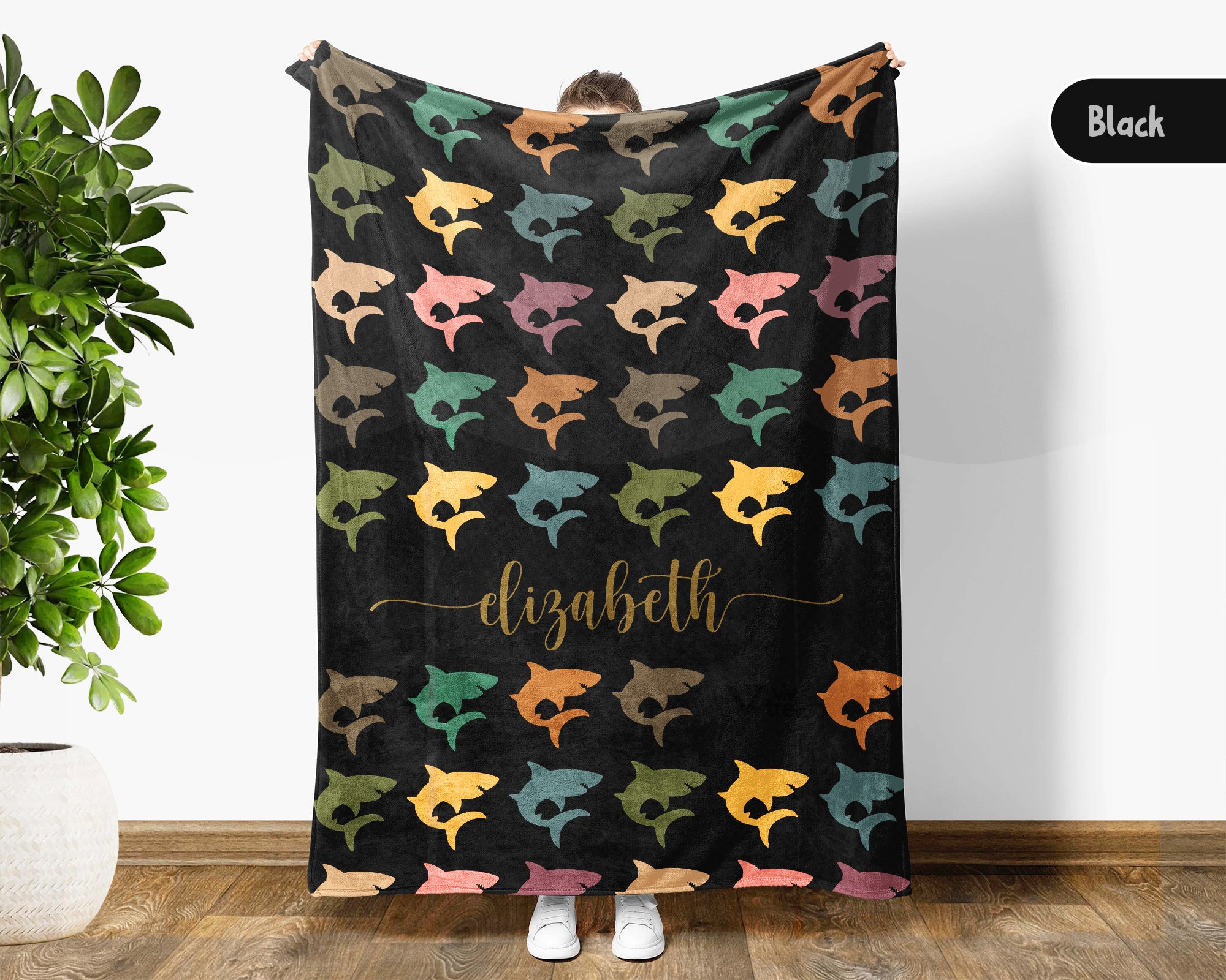 Custom Name Shark Throw Blanket – Vintage Ocean Gift for Shark Fans