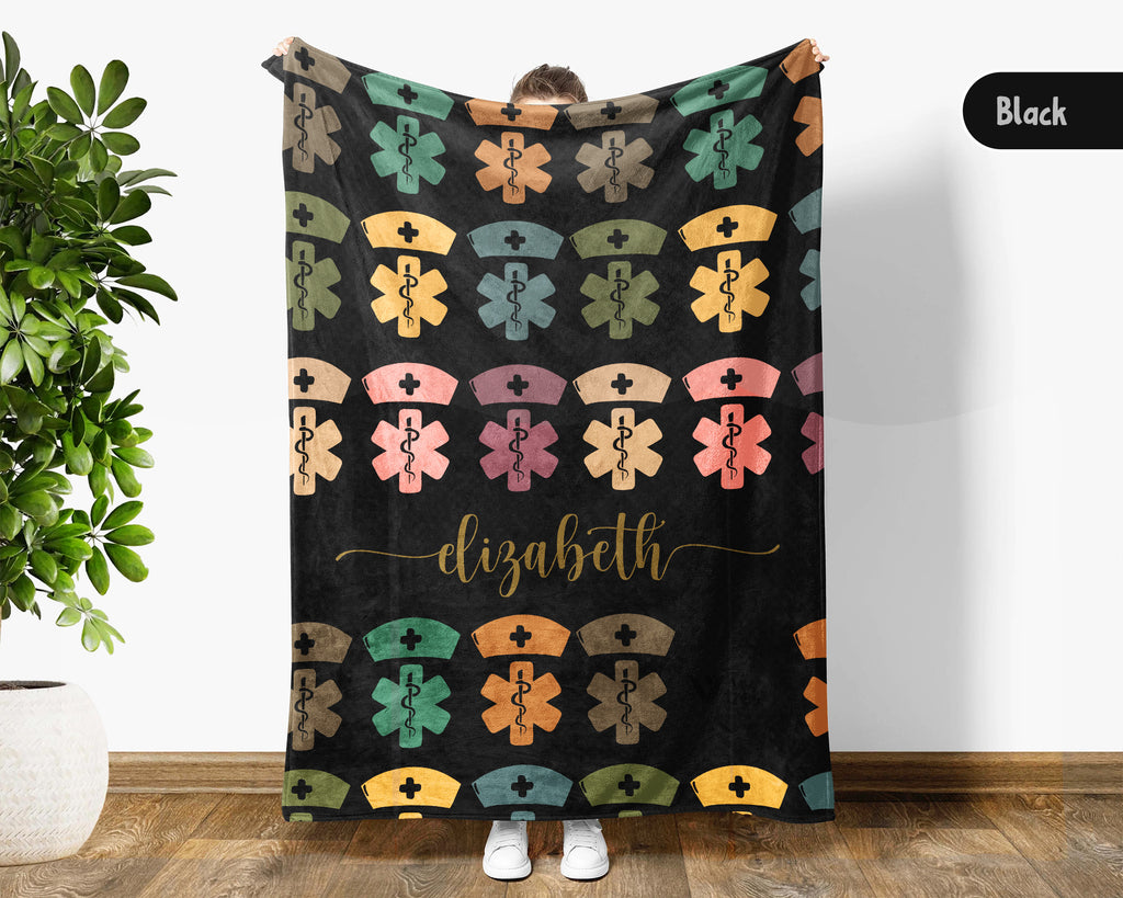 Personalized Nurse Blanket Custom Name Cozy RN Throw Gift, Retro Nursing Graphic Blanket, Medical Worker Gift for Her