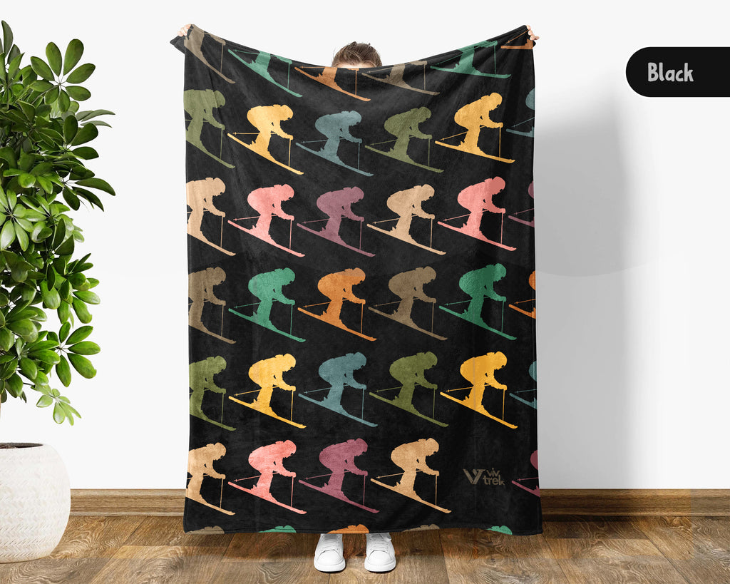 Retro Sking Lover Blanket Cozy Winter Sports Throw Warm Alpine Decor Unique Skier Gift for Snow Adventure Fans