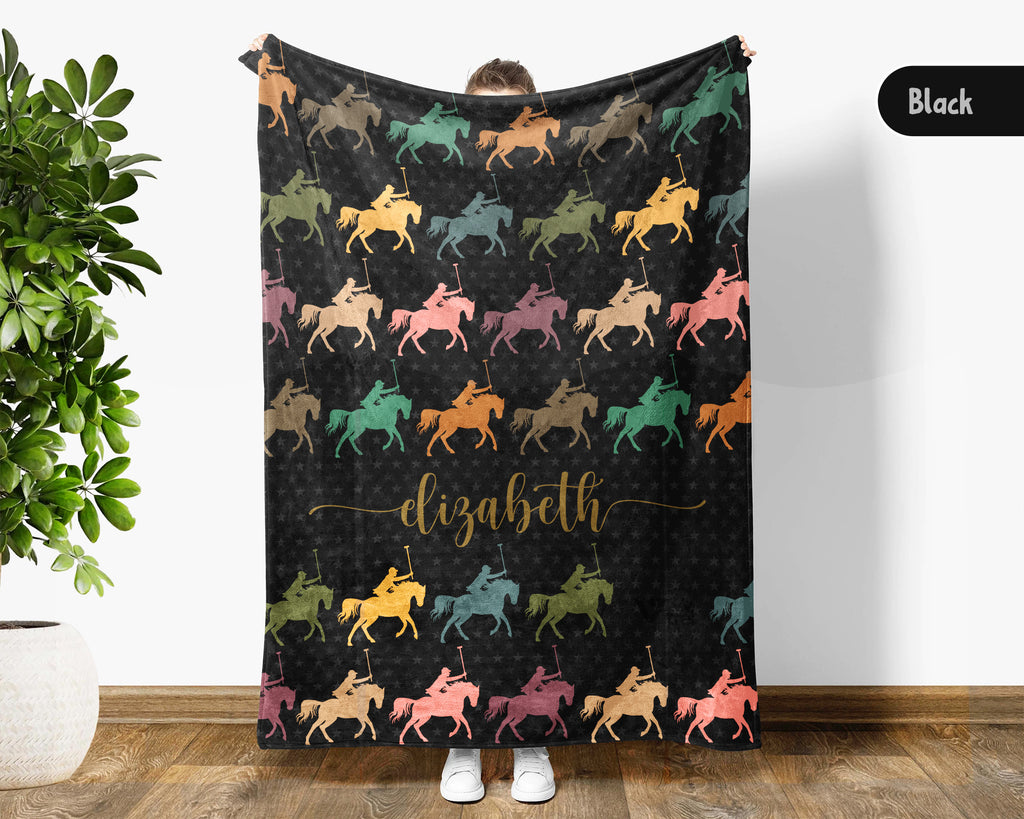 Custom Name Polo Blanket, Cozy Retro Equestrian Throw for Horse Enthusiasts