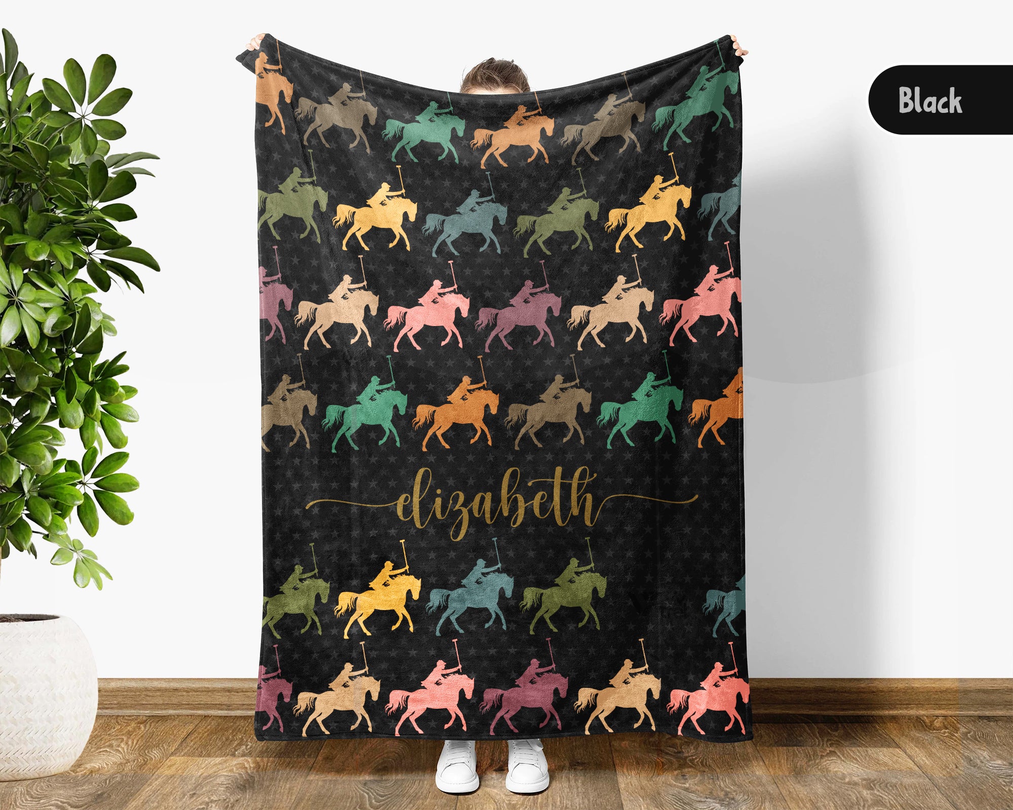 Custom Name Polo Blanket, Cozy Retro Equestrian Throw for Horse Enthusiasts