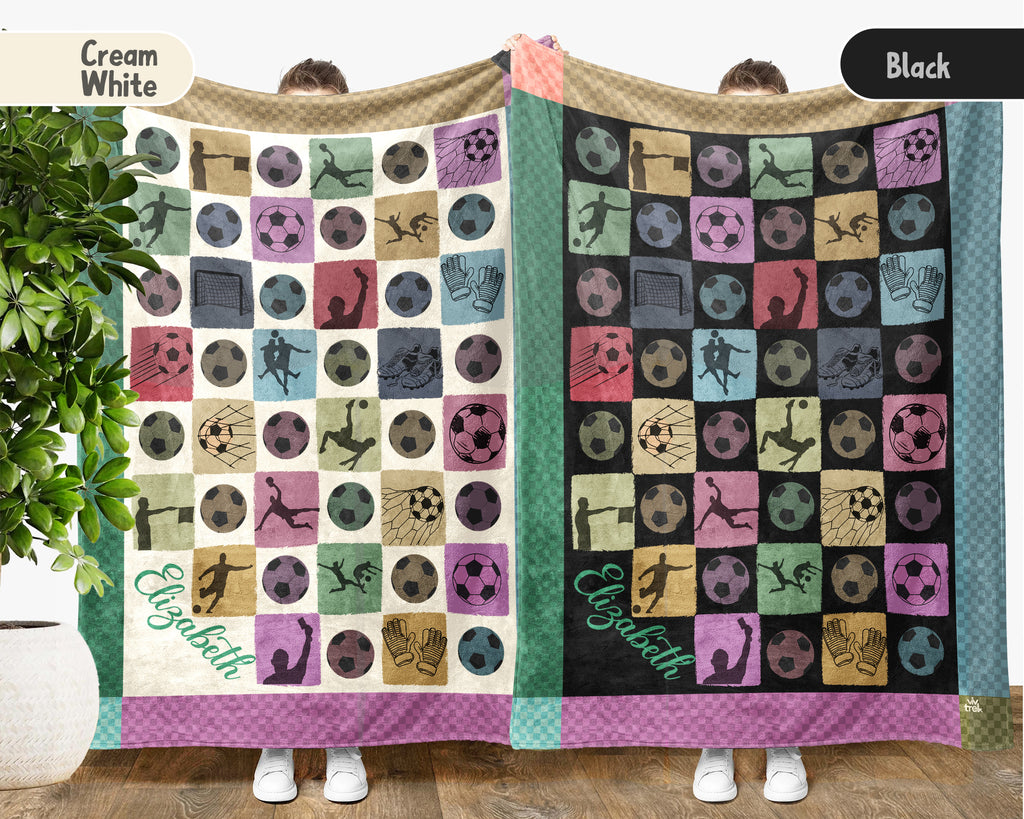 Custom Name Soccer Blanket, Personalized Name Soccer Throw for Boys and Girls, Retro Unique Soccer Lover Gift, Cozy Sports Blanket