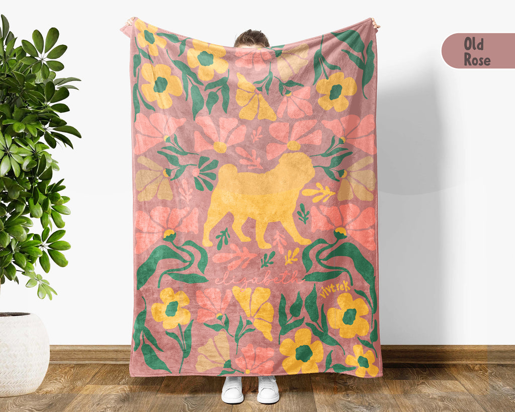 Custom Name Floral Pug Blanket, Personalized Cozy Wildflower Pug Throw for Kids Teens Adults, Dog Mom Birthday Gift