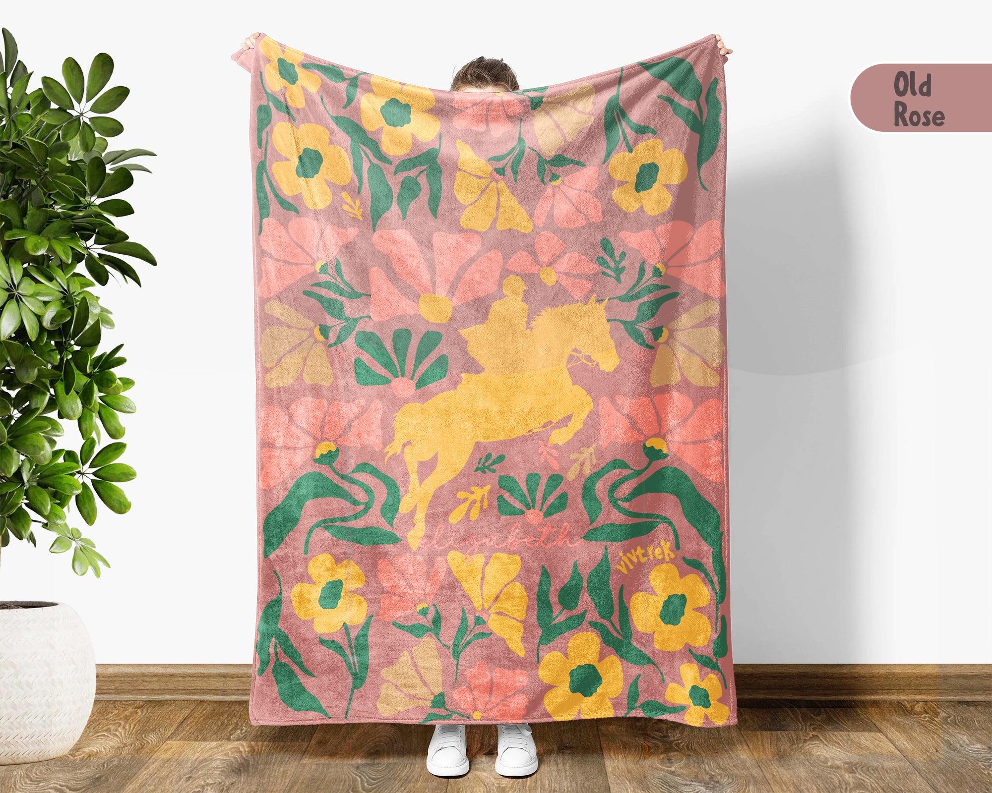 Custom Name Floral Horse Racing Blanket, Cozy Equestrian Throw Gift