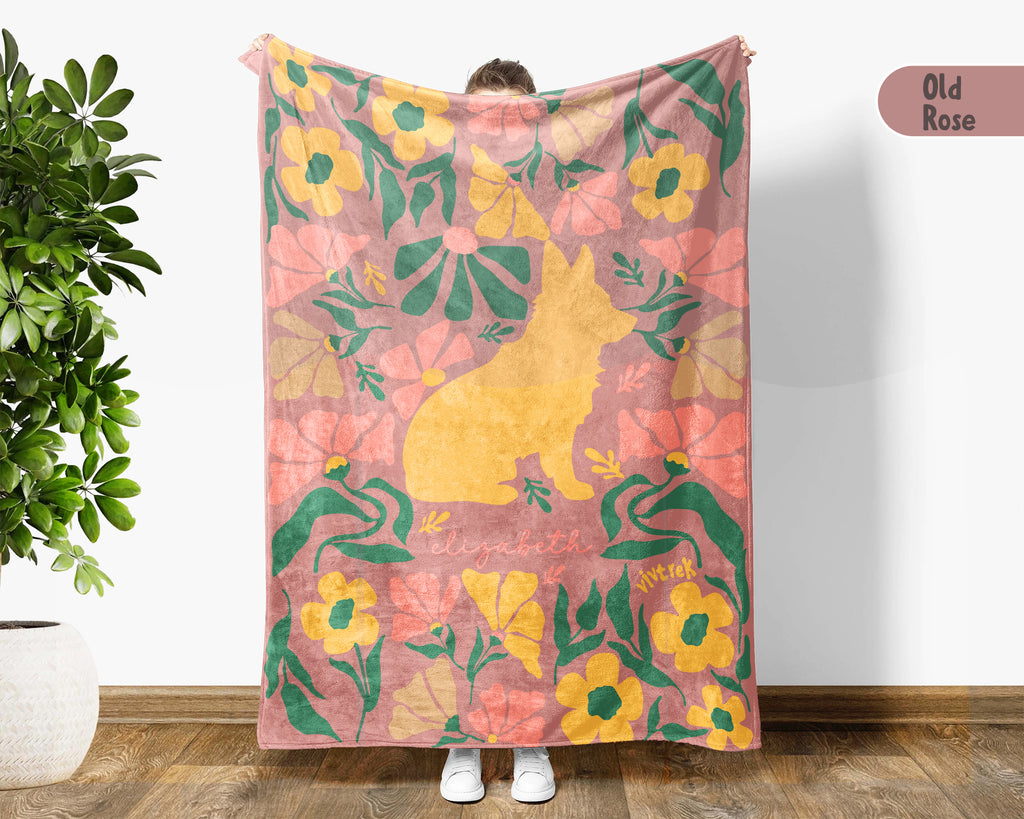 Personalized Name Floral Corgi Blanket, Cozy Dog Lover Throw for Home