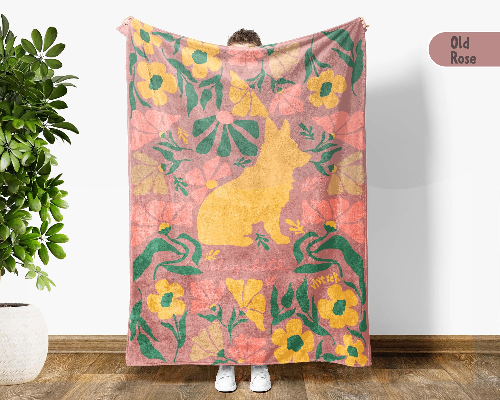 Personalized Name Floral Corgi Blanket, Cozy Dog Lover Throw for Home