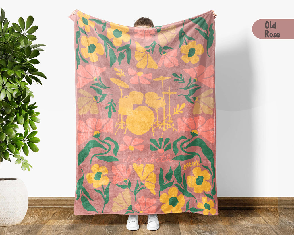 Floral Drummer Blanket with Custom Name, Cozy Wildflower Drum Kit Throw for Kids Teens Adults, Music Lover Gift