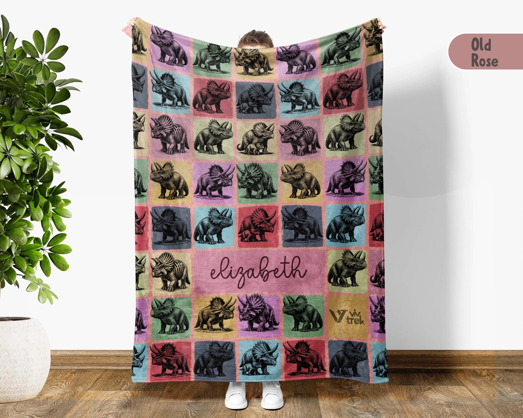 Custom Triceratops Blanket Personalized Name Vintage Dino Throw Cozy Prehistoric Animal Decor Fun Kids Gift Home Accent