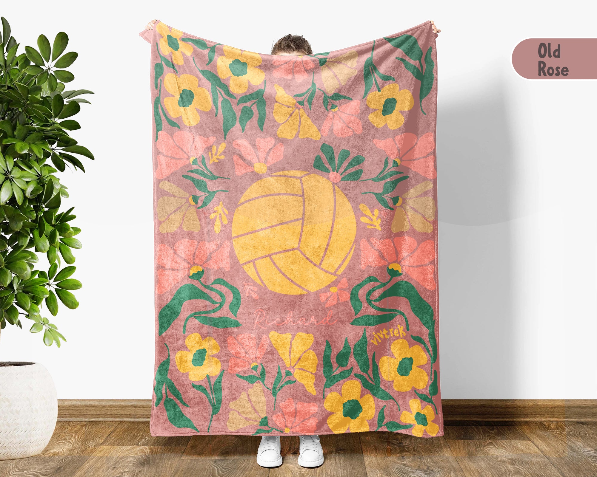 Custom Name Floral Volleyball Blanket, Sports Throw, Cozy Funny Volleyball Gift for Players and Fans Room Decor