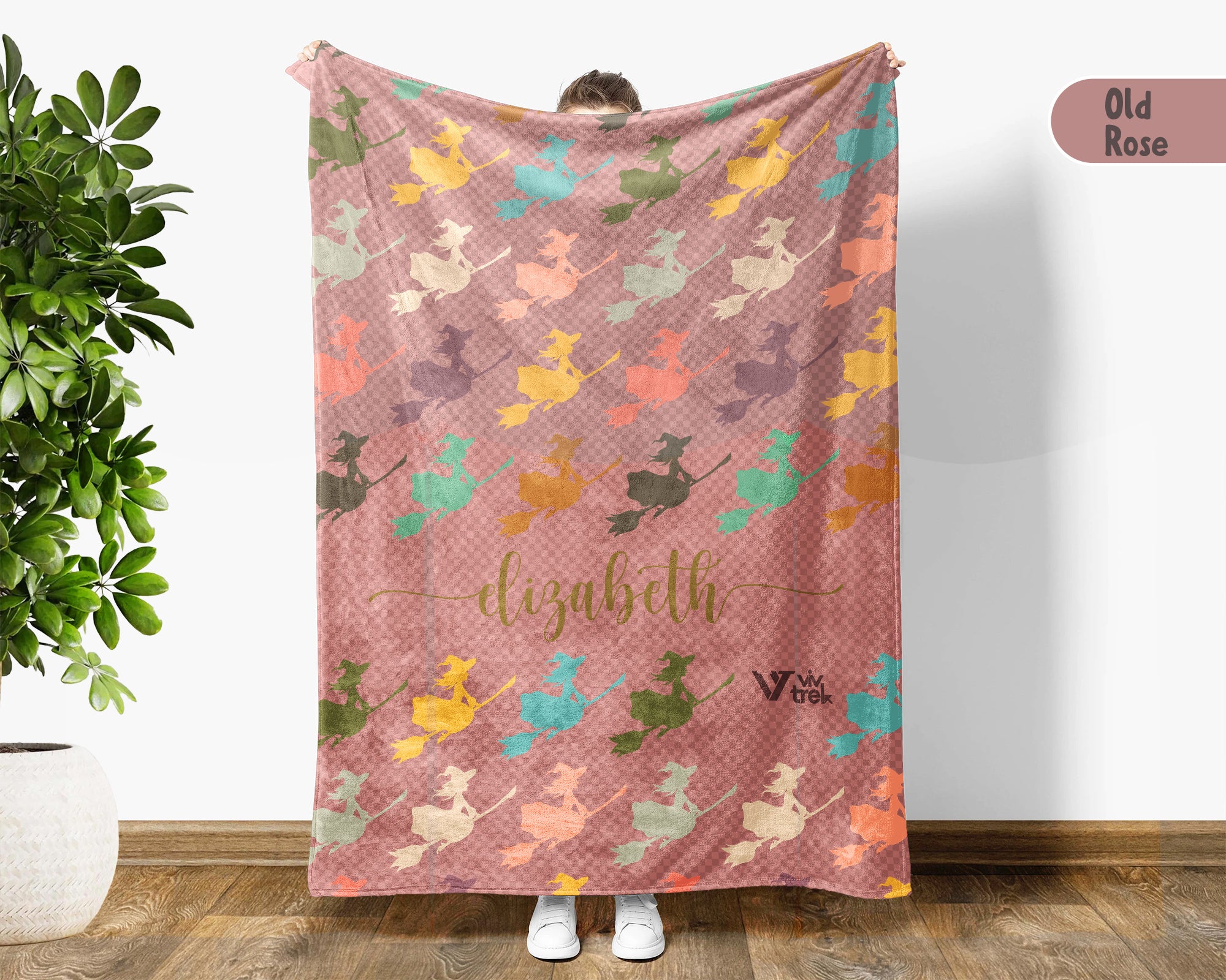 Custom Name Retro Witch Blanket, Personalized Halloween Throw for Cozy Gothic Decor and Magical Autumn Home Spaces
