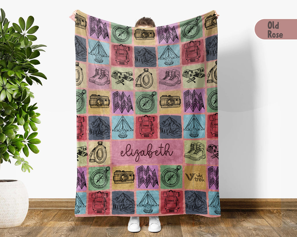 Personalized Name Hiking Blanket, Retro Mountain Throw for Outdoor Lovers, Cozy Nature Inspired Hiker Gift Decor