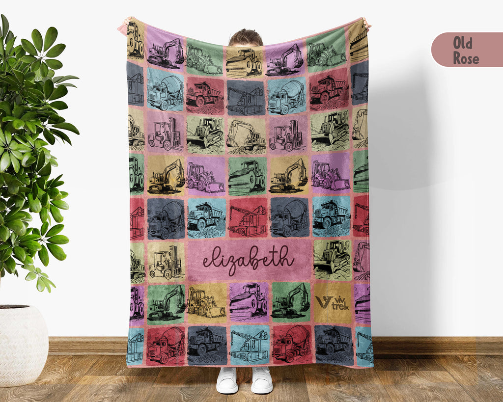 Custom Name Construction Blanket Personalized Excavator Throw, Cozy Builder Gift for Kids Boys, Truck Theme Room Decor