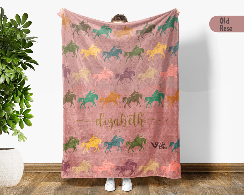 Custom Name Polo Blanket, Cozy Retro Equestrian Throw for Horse Enthusiasts