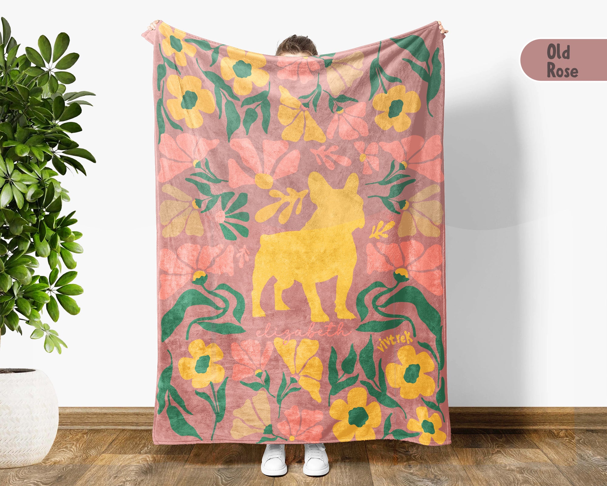 Personalized Floral French Bulldog Blanket, Custom Name Frenchie Dog Throw, Cozy Vintage Puppy Gift for Pet Lovers