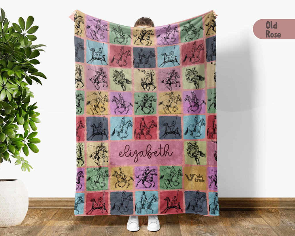 Personalized Name Polo Player Blanket, Retro Equestrian Throw for Horse Lovers