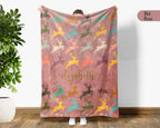 Custom Name Retro Reindeer Blanket, Personalized Woodland Animal Throw for Cabin Lodge Decor and Cozy Nature Gifts