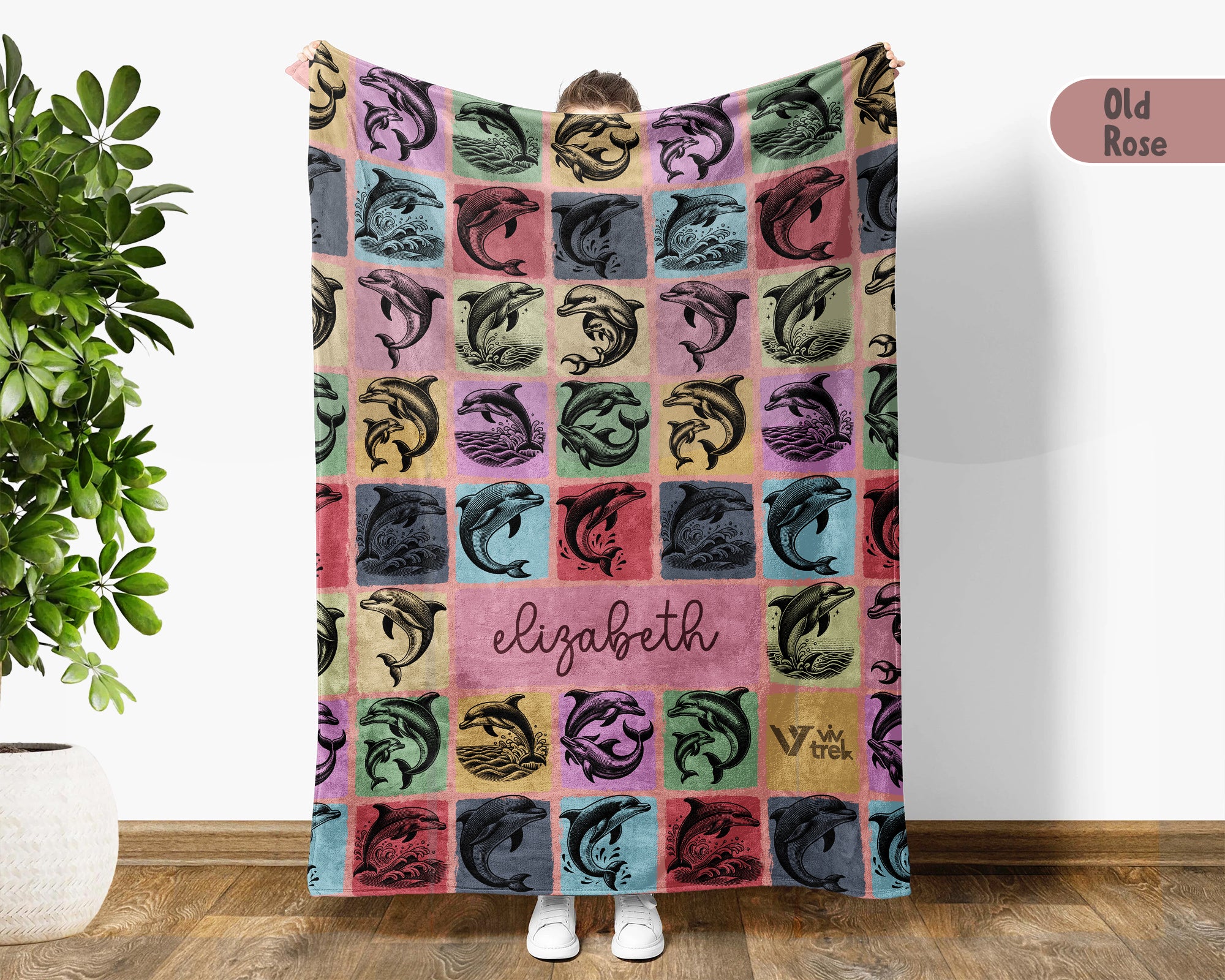 Custom Dolphin Lover Blanket Personalized Name Retro Ocean Animal Throw Vintage Marine Cozy Fleece Gift Sea Life Home Decor Accent