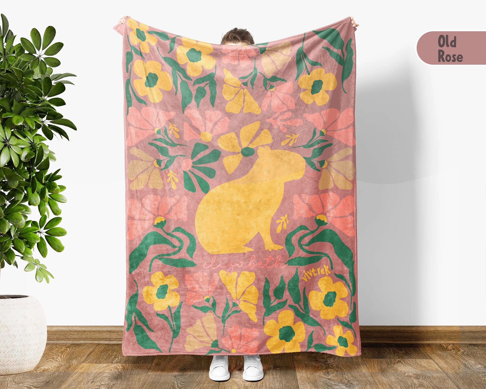 Floral Custom Name Capybara Blanket, Cozy Floral Capybara Throw Gift for Kids Teens Adults, Perfect Birthday Animal Gift