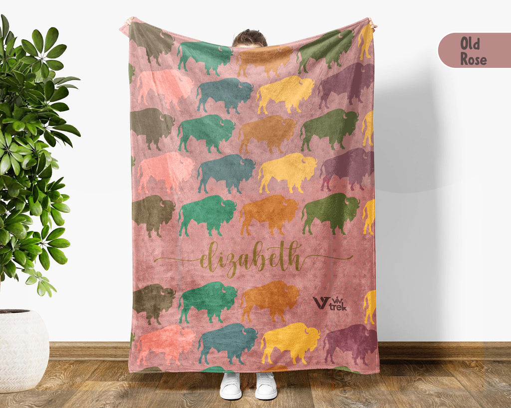 Custom Buffalo Blanket Personalized Name Wildlife Throw Retro Bison Graphic Cozy Rustic Home Decor Unique Western Gift Idea