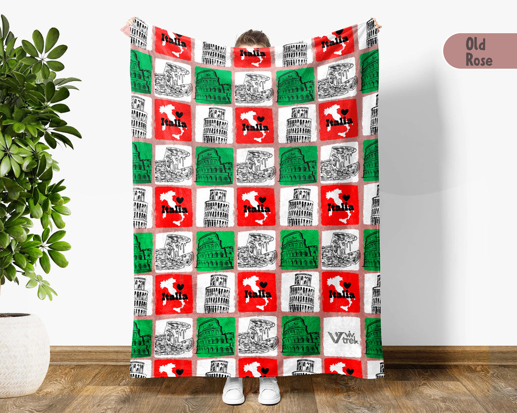 Retro Italy Blanket Throw with Italia Flag Design, Cozy Rome Venice Inspired Decor, Mediterranean Travel Lover Gift Blanket