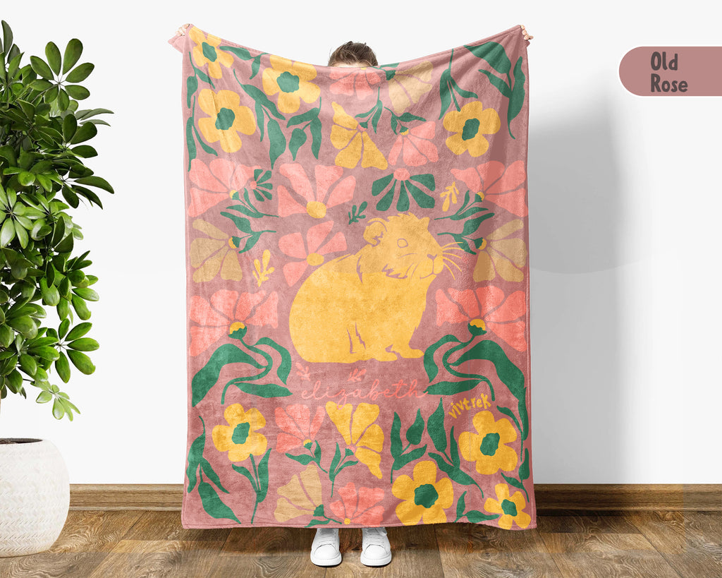 Floral Custom Name Guinea Pig Blanket, Floral Pet Lover Throw, Cozy Wildflower Blanket for Kids Teens Adults Gift