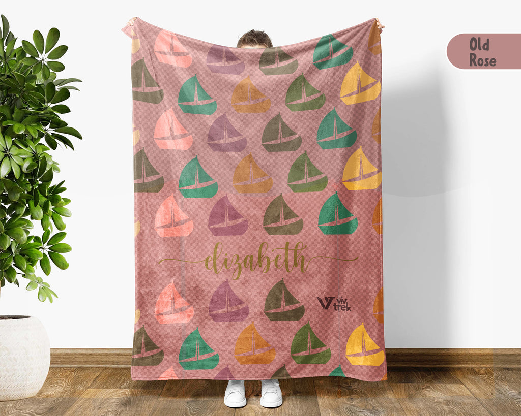 Custom Name Retro Sailing Blanket, Personalized Boat Throw for Nautical Lover Cabin Decor and Cozy Coastal Gifts