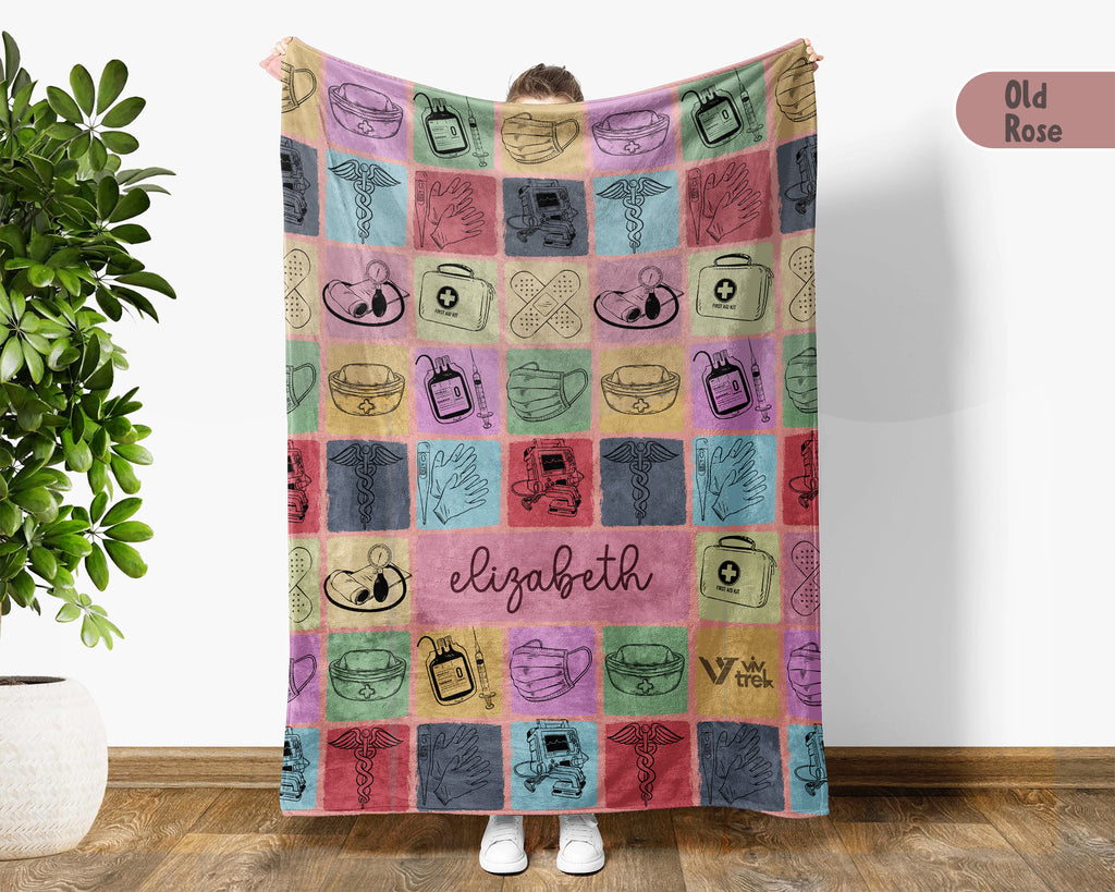 Retro Custom Name Nurse Blanket Personalized Cozy RN Throw Gift, Cute Nursing Graphic Blanket, Medical Worker Appreciation Gift