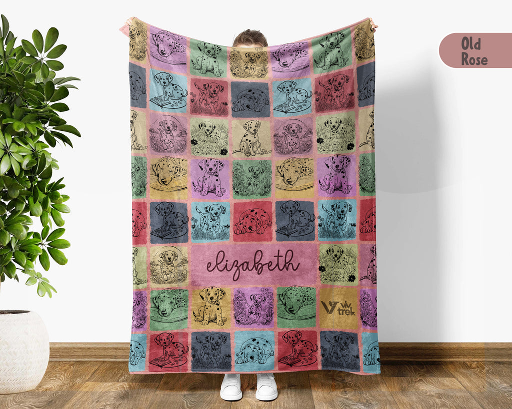Custom Name Dalmatian Dog Blanket Personalized Retro Puppy Throw, Cozy Pet Lover Gift, Spotted Dog Home Decor