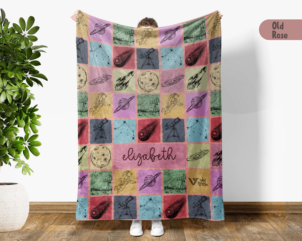 Personalized Name Space Galaxy Blanket, Retro Astronomy Throw Gift for Rocket Star Lovers, Custom Planet Astronaut Decor