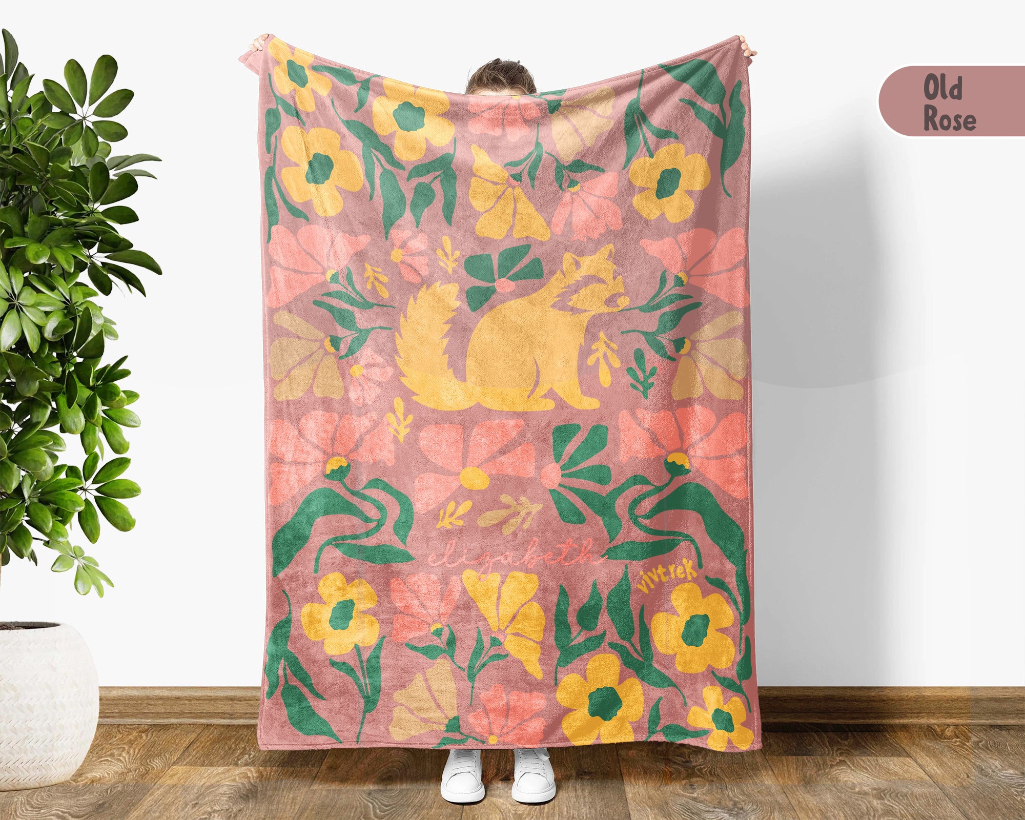 Floral  Raccoon Blanket with Custom Name, Cute Woodland Animal Gift, Cozy Floral Throw for Kids Teens Adults