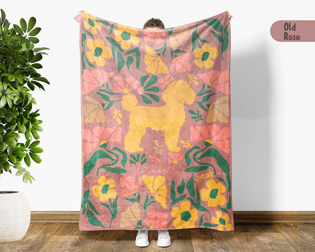 Custom Name Floral Poodle Blanket, Personalized Cozy Retro Puppy Throw, Vintage Dog Lover Gift for Teens Adults Dog Moms