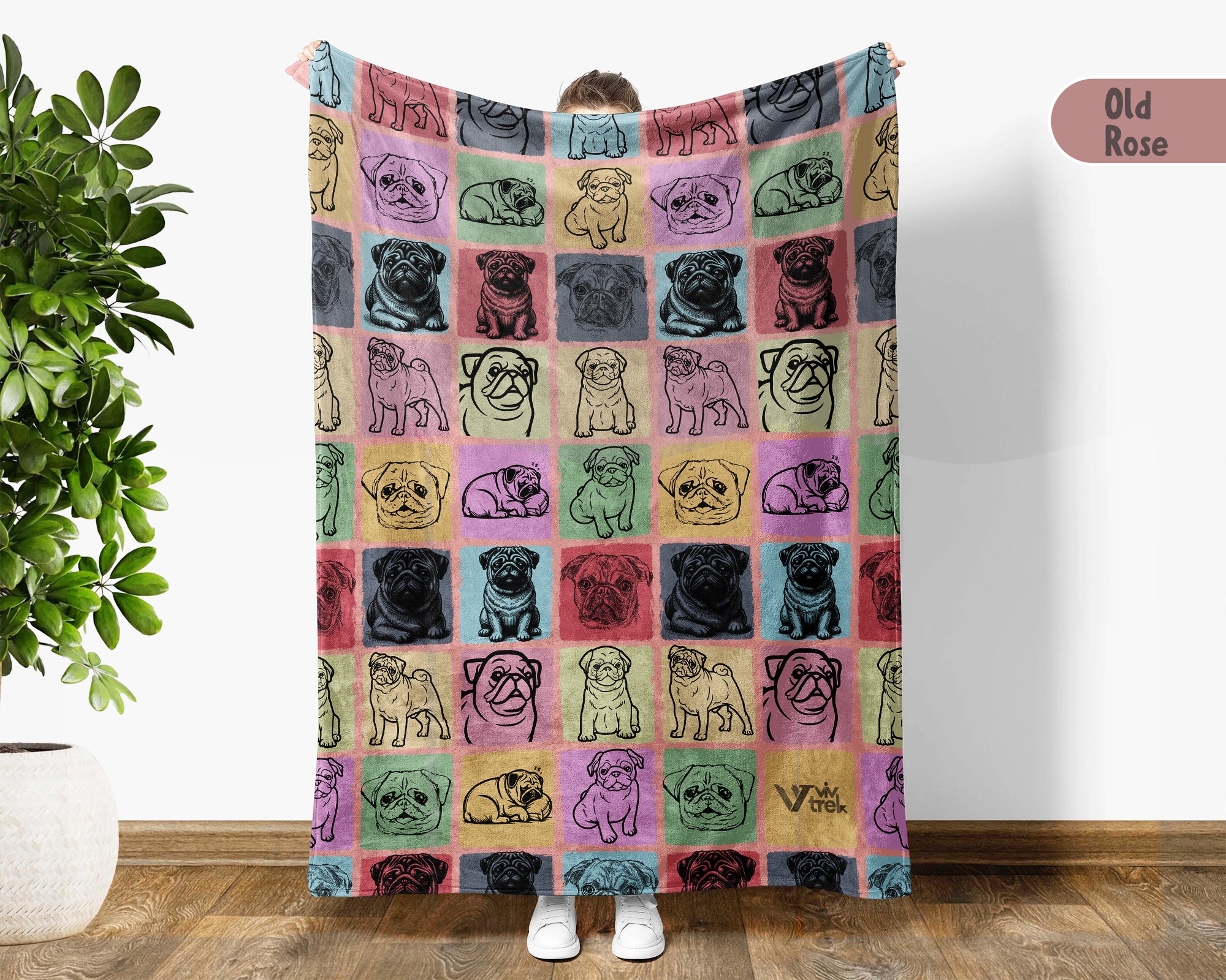 Pug Dog Blanket, Vintage Pug Lover Throw, Cozy Retro Dog Fleece Blanket, Unique Pet Lover Gift for Home and Kids