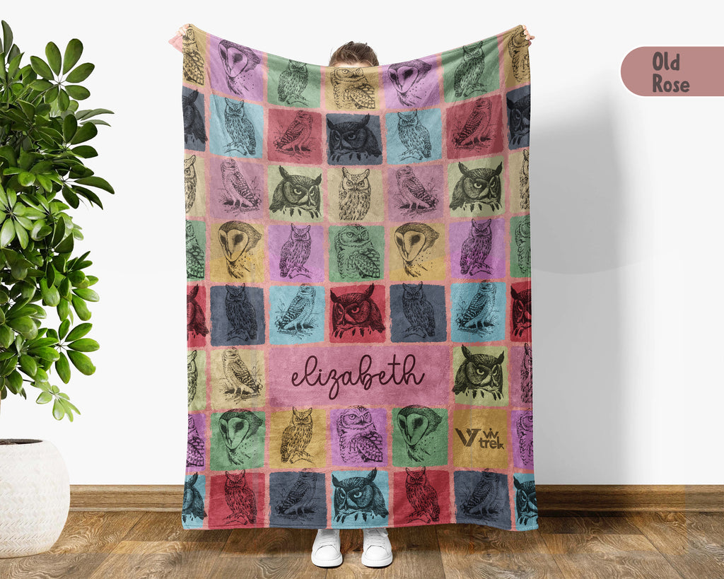 Custom Owl Lover Blanket Personalized Name Retro Bird Throw Cozy Forest Animal Fleece Gift Rustic Wildlife Home Decor Accent Piece